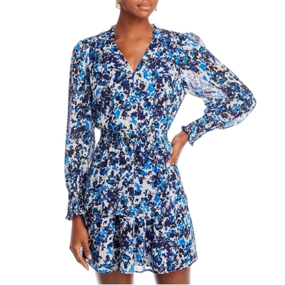 Aqua Smocked Printed Long Sleeve Mini Dress